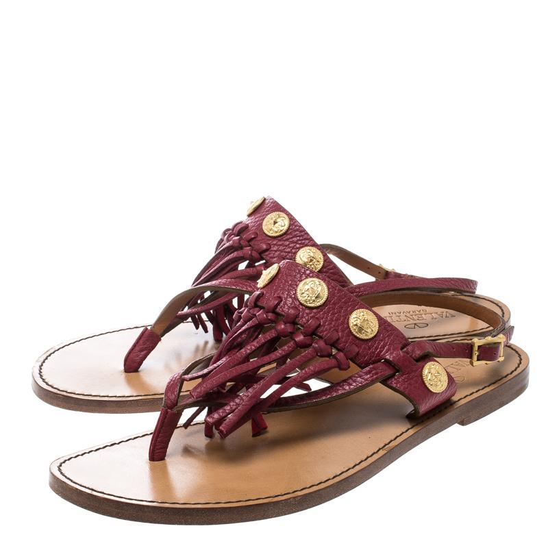 Valentino Maroon Leather Fringed Coin Detail Thong Sandals Size 37.5 For Sale 2