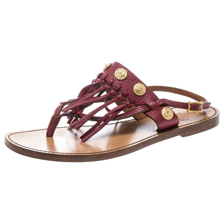Valentino Maroon Leather Fringed Coin Detail Thong Sandals Size 37.5