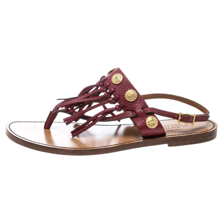 Valentino Maroon Leather Fringed Coin Detail Thong Sandals Size 37.5 For Sale