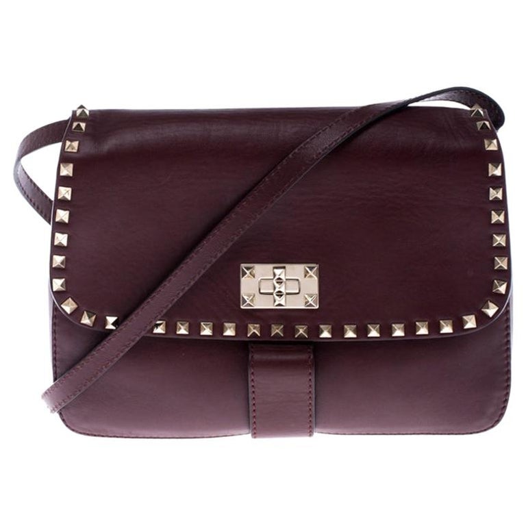 Valentino Maroon Leather Medium Rockstud Flap Shoulder Bag For Sale at