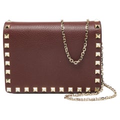 Valentino Maroon Leather Rockstud Chain Clutch