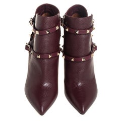 Valentino Maroon Leather Rockstud Pointed Toe Ankle Boots Size 39