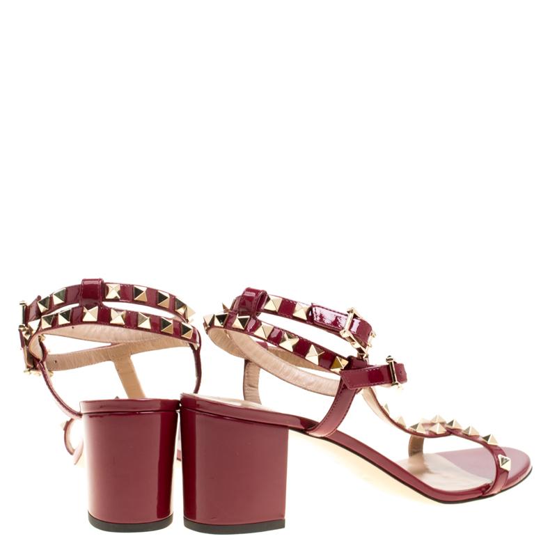 Beige Valentino Maroon Patent Leather T Strap Rockstud Block Heel Sandals Size 40