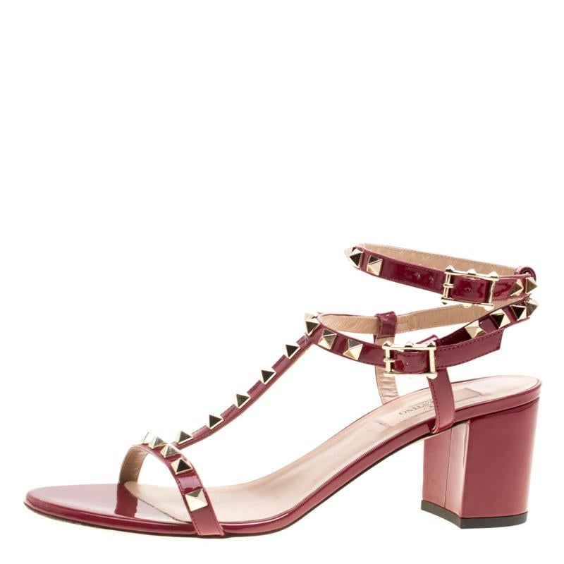 Women's Valentino Maroon Patent Leather T Strap Rockstud Block Heel Sandals Size 40
