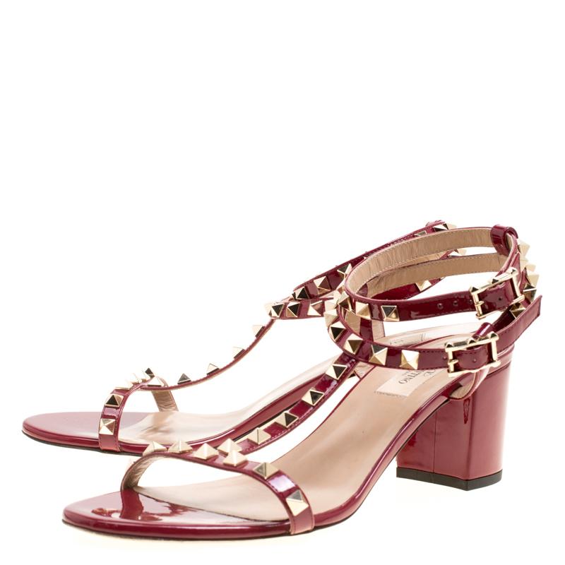 Valentino Maroon Patent Leather T Strap Rockstud Block Heel Sandals Size 40 1
