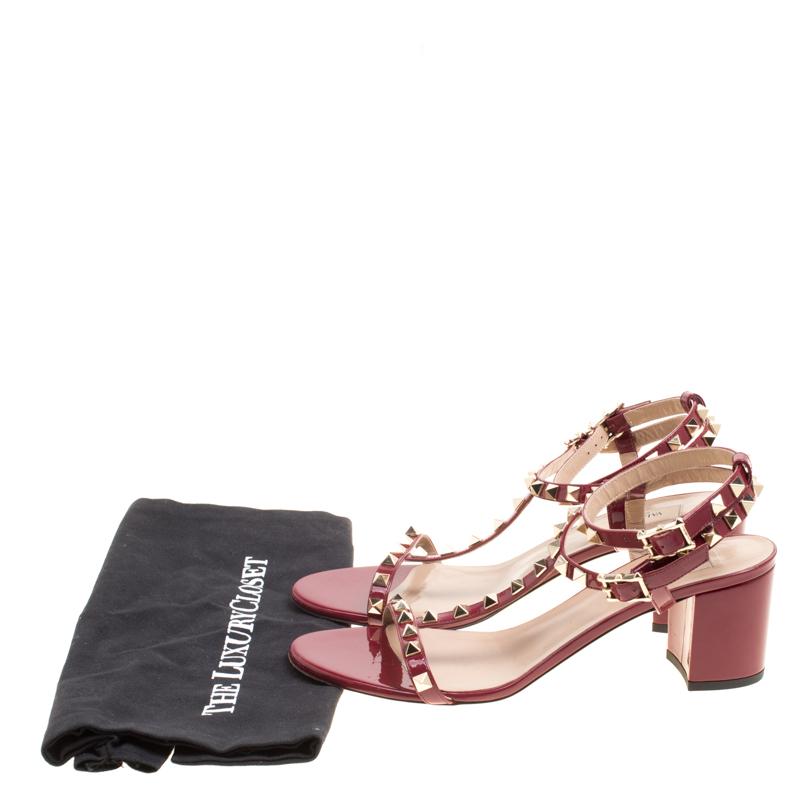 Valentino Maroon Patent Leather T Strap Rockstud Block Heel Sandals Size 40 3