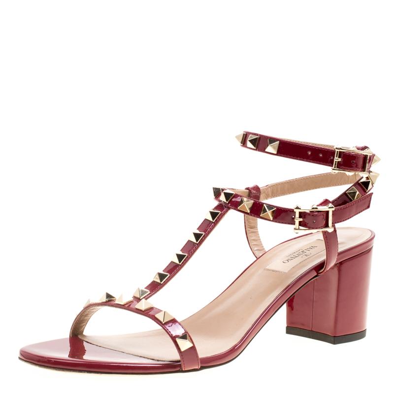 Valentino Maroon Patent Leather T Strap Rockstud Block Heel Sandals Size 40
