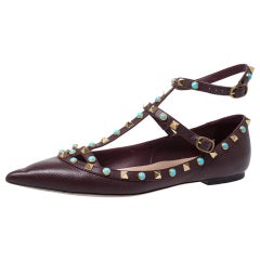 Valentino Maroon Textured Leather Rolling Rockstud Ankle Strap Flats Size 40