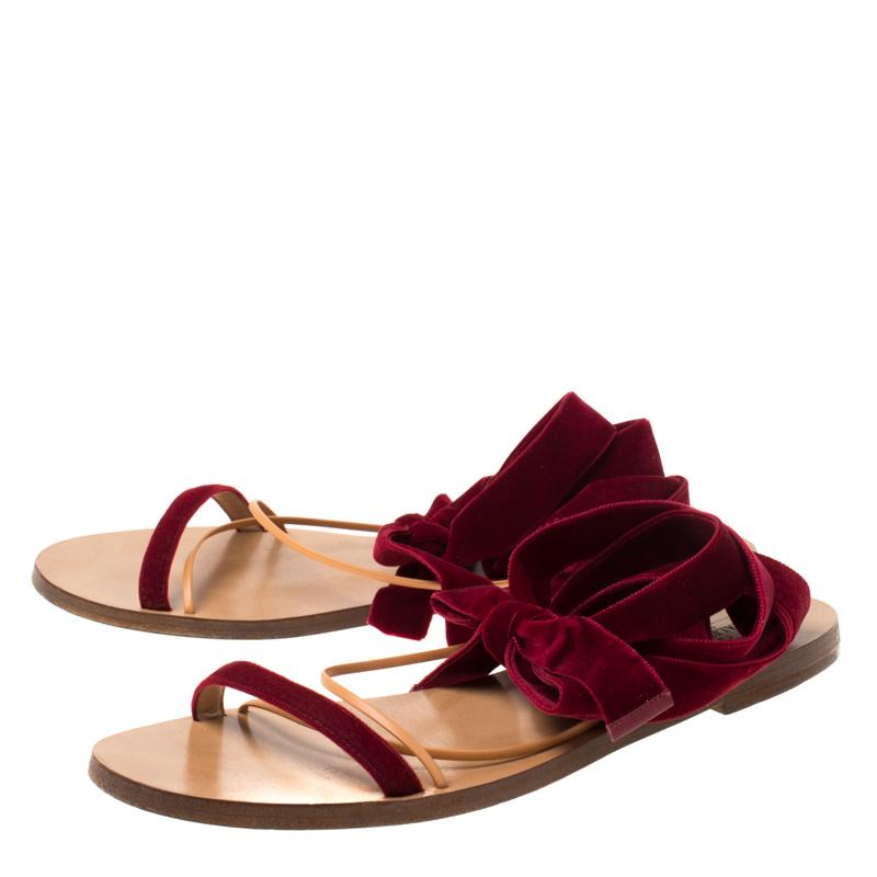 Valentino Maroon Velvet and Leather Open Toe Flat Ankle Wrap Sandals Size 40 2