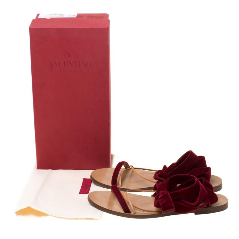 Valentino Maroon Velvet and Leather Open Toe Flat Ankle Wrap Sandals Size 40 3