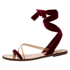 Valentino Maroon Velvet and Leather Open Toe Flat Ankle Wrap Sandals Size 40
