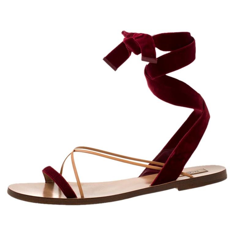 Valentino Maroon Velvet and Leather Open Toe Flat Ankle Wrap Sandals ...