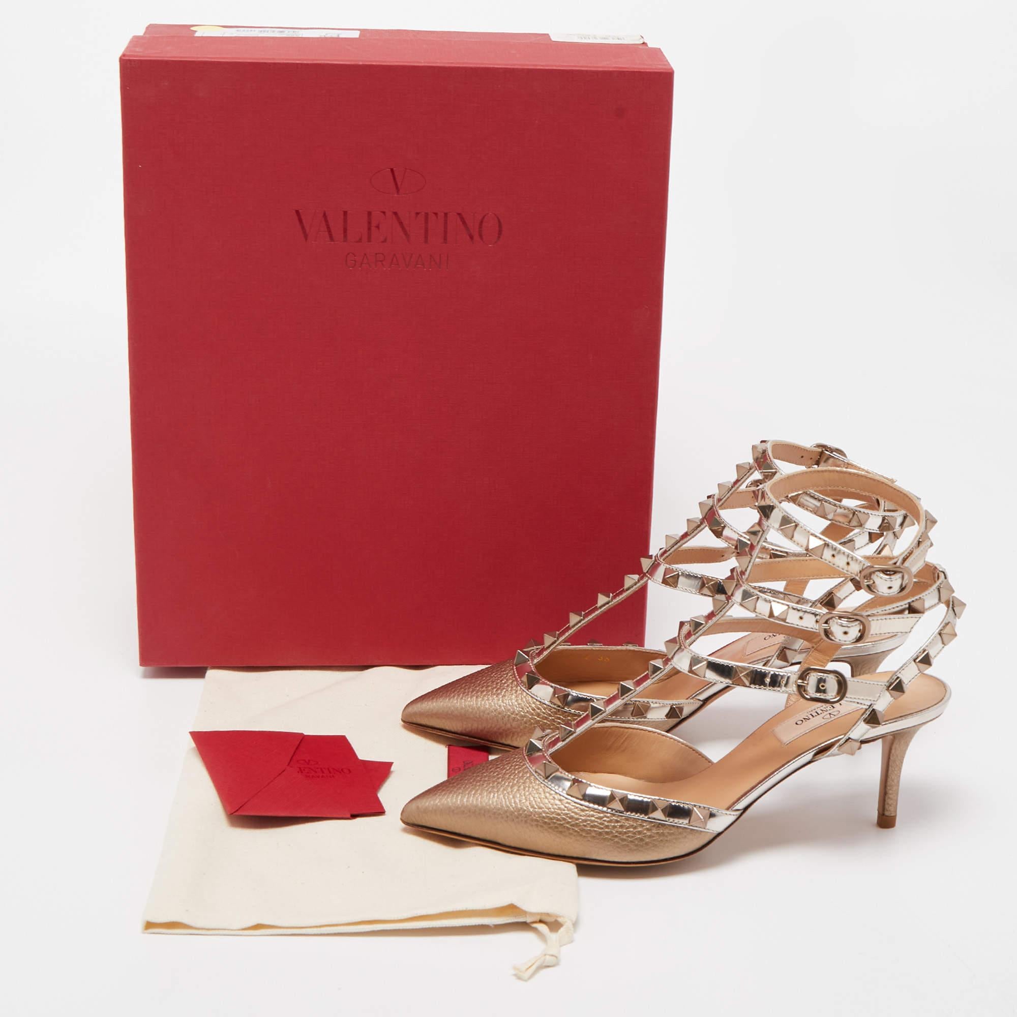 Valentino Metallic Beige Patent and Leather Rockstud Ankle Strap Pumps Size 36 6