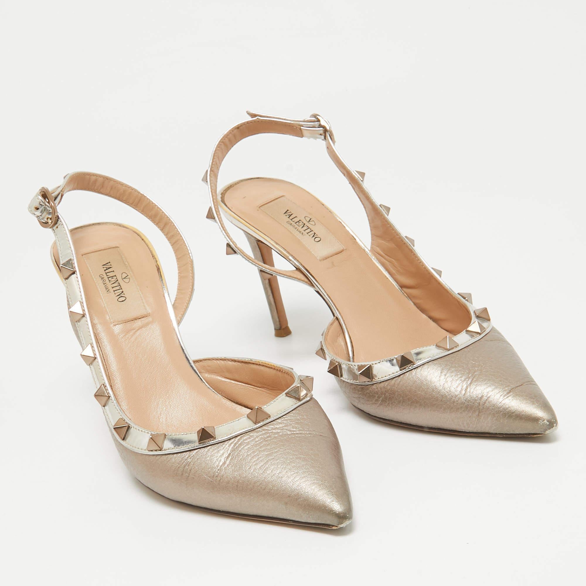Women's Valentino Metallic Beige Patent and Leather Rockstud Slingback Pumps Size 38