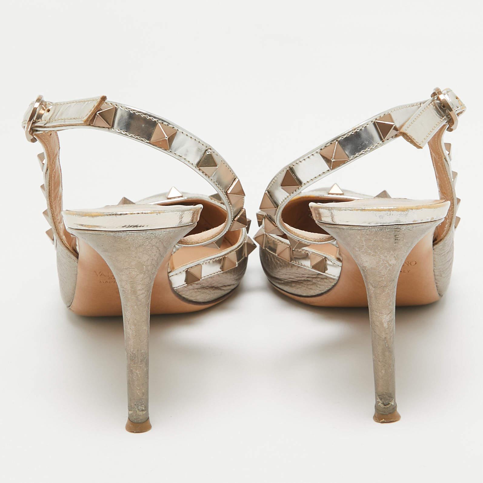 Valentino Metallic Beige Patent and Leather Rockstud Slingback Pumps Size 38 1