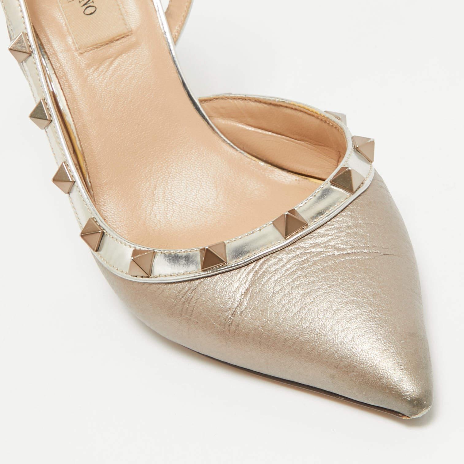 Valentino Metallic Beige Patent and Leather Rockstud Slingback Pumps Size 38 3