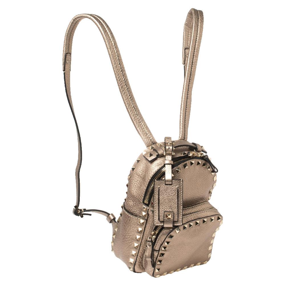 Women's Valentino Metallic Beige Pebbled Leather Mini Rockstud Backpack