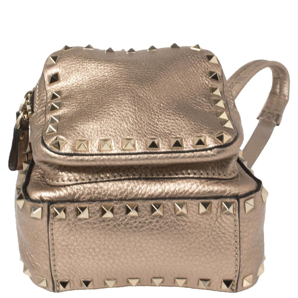Valentino Metallic Beige Pebbled Leather Mini Rockstud Backpack 1