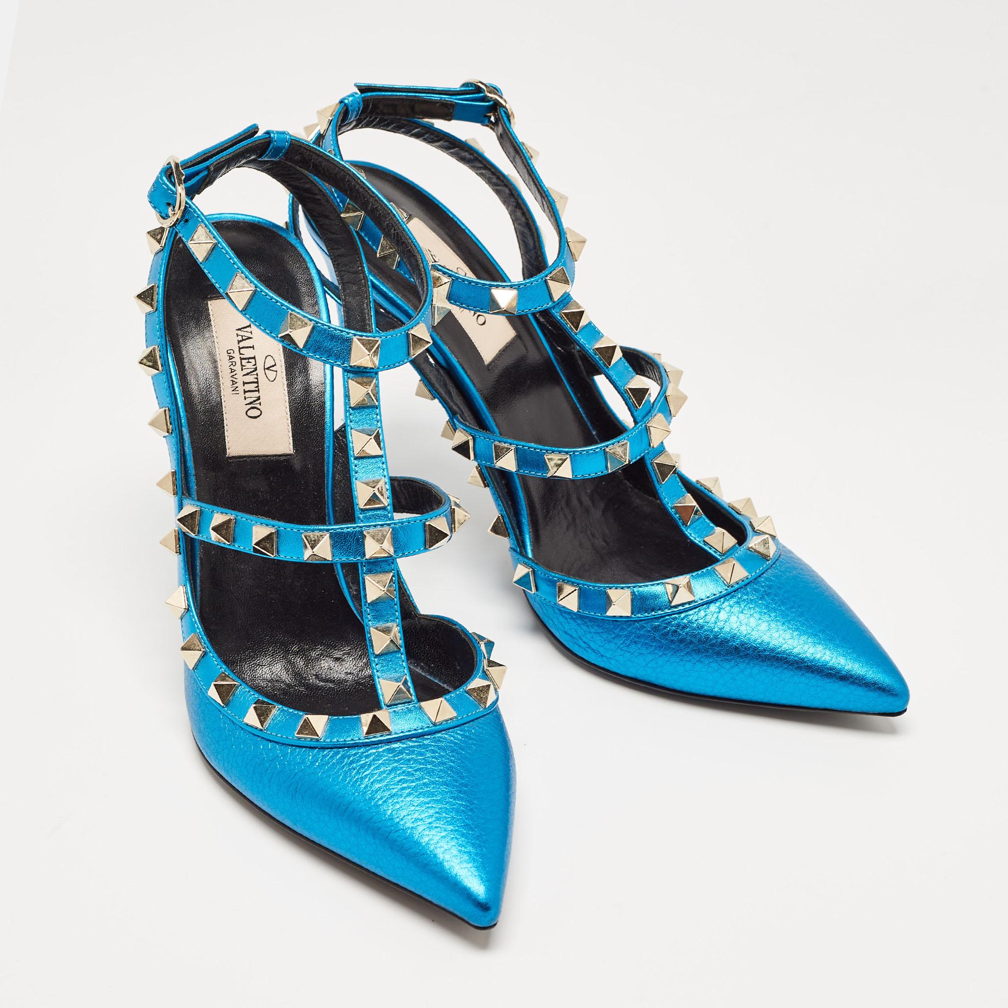 Women's Valentino Metallic Blue Leather Rockstud Ankle Strap Pumps Size 37.5 For Sale