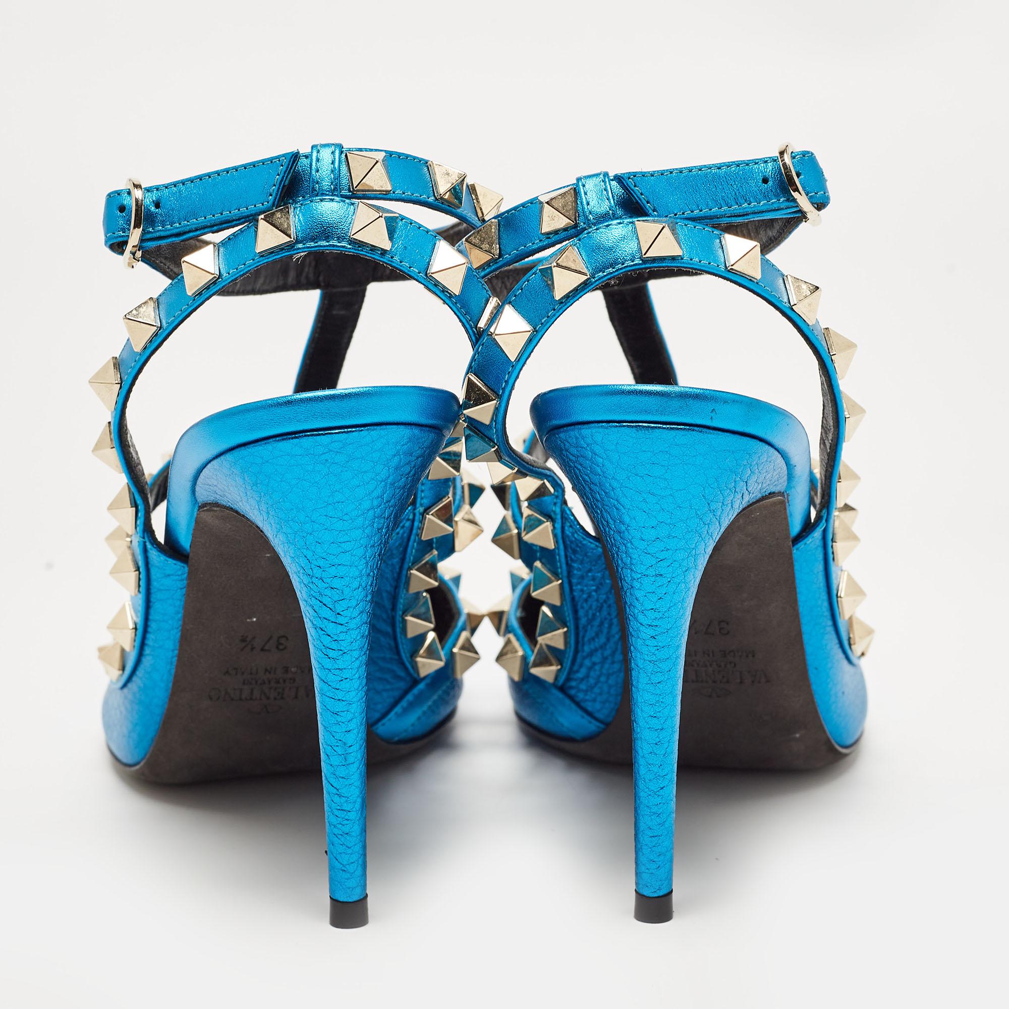Valentino Metallic Blue Leather Rockstud Ankle Strap Pumps Size 37.5 For Sale 2