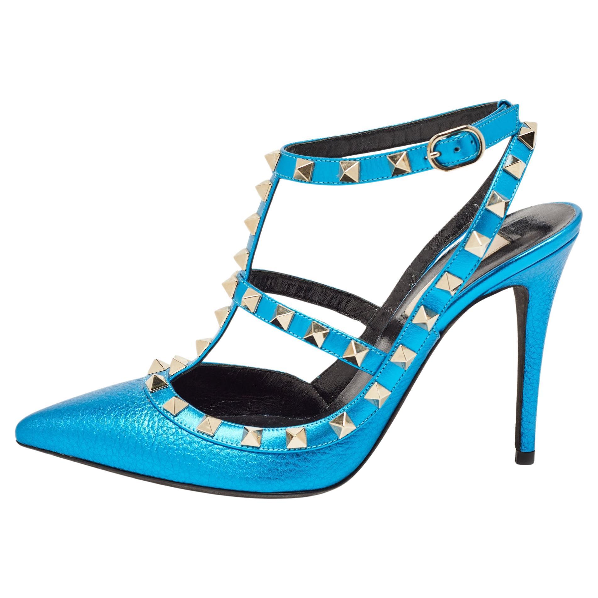 Valentino Metallic Blue Leather Rockstud Ankle Strap Pumps Size 37.5 For Sale