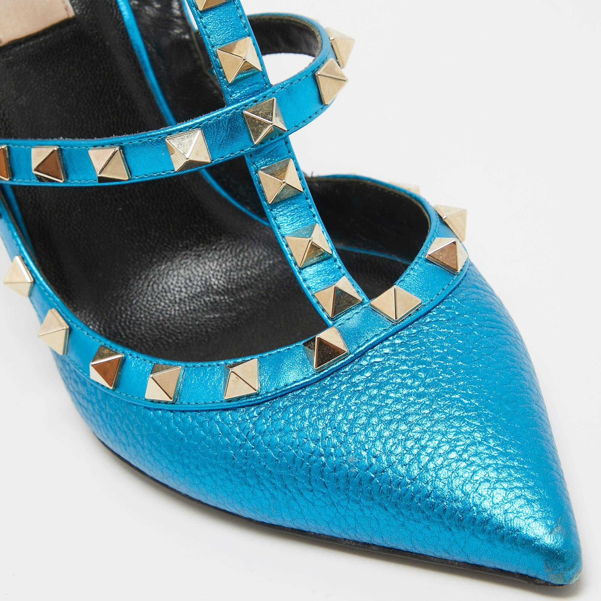 Valentino Metallic Blue Leather Rockstud Ankle Strap Pumps Size 39.5 For Sale 3