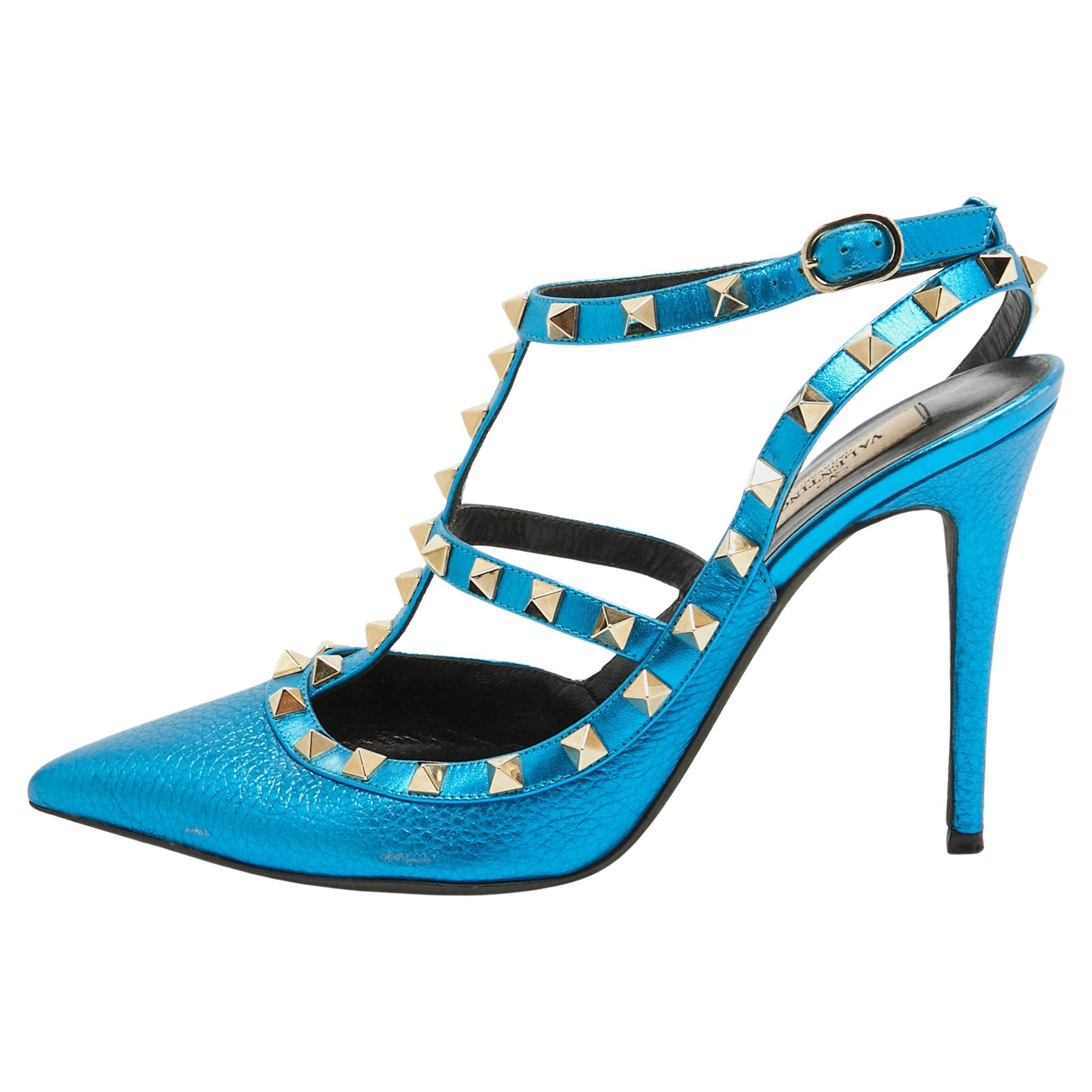 Valentino Metallic Blue Leather Rockstud Ankle Strap Pumps Size 39.5 For Sale