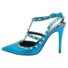 Used Valentino Metallic Blue Leather Rockstud Ankle Strap Pumps Size 39.5