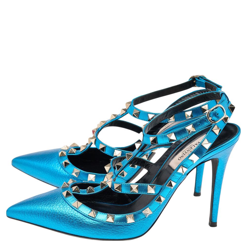 Valentino Metallic Blue Leather Rockstud Ankle Strap Sandals Size 38.5 In Good Condition In Dubai, Al Qouz 2