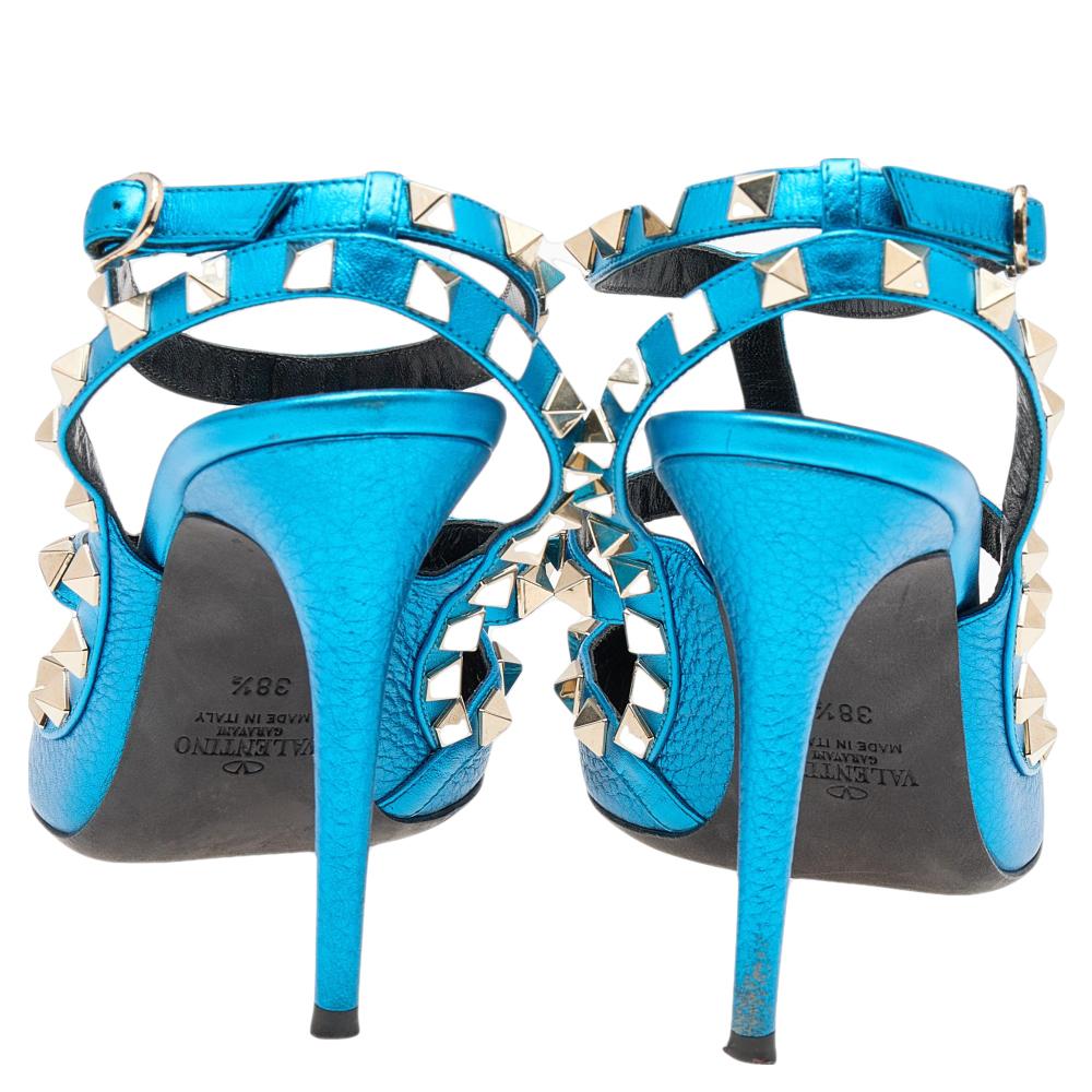 Women's Valentino Metallic Blue Leather Rockstud Ankle Strap Sandals Size 38.5