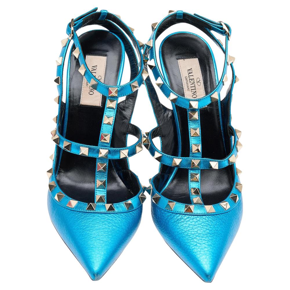 Valentino Metallic Blue Leather Rockstud Ankle Strap Sandals Size 38.5 1