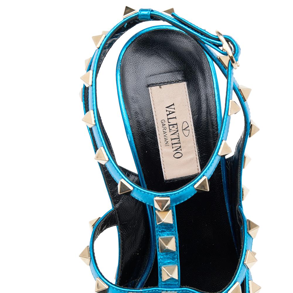 Valentino Metallic Blue Leather Rockstud Ankle Strap Sandals Size 38.5 2