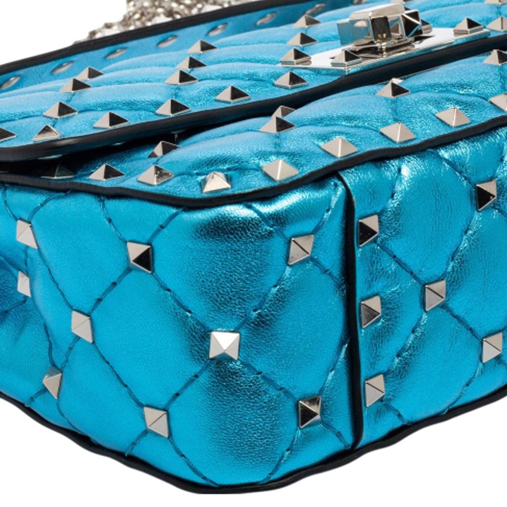 Valentino Metallic Blue Leather Rockstud Spike Top Handle Bag 4