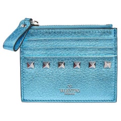 Valentino Metallic Blue Leather Rockstud Zip Card Case