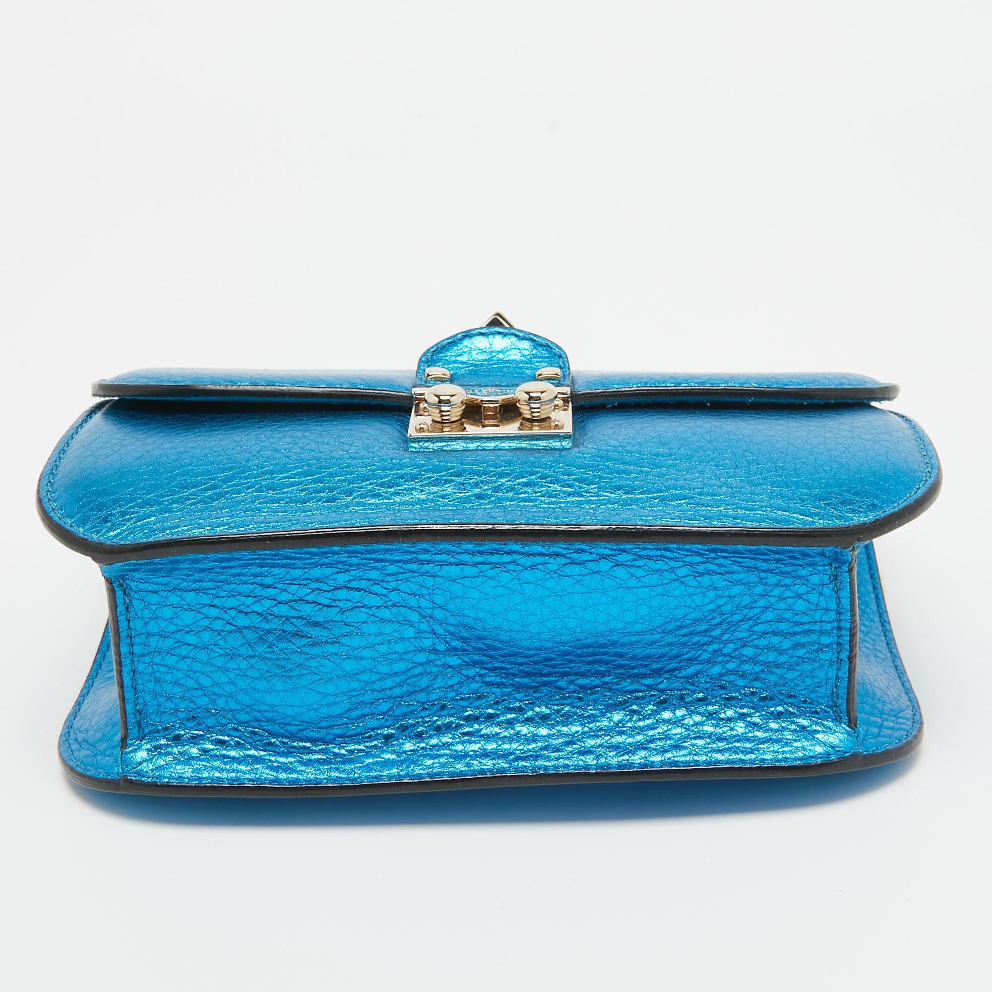 Valentino Metallic Blue Leather Small Rockstud Glam Lock Flap Bag For Sale 6