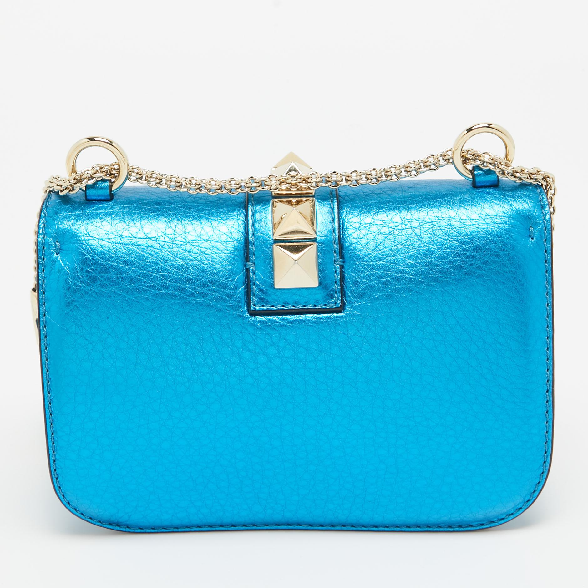 Valentino Metallic Blue Leather Small Rockstud Glam Lock Flap Bag For Sale 7