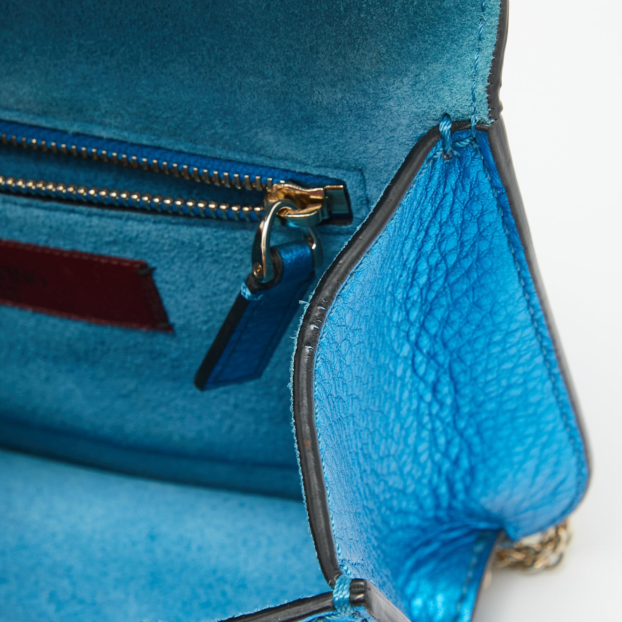 Valentino Metallic Blue Leather Small Rockstud Glam Lock Flap Bag For Sale 8