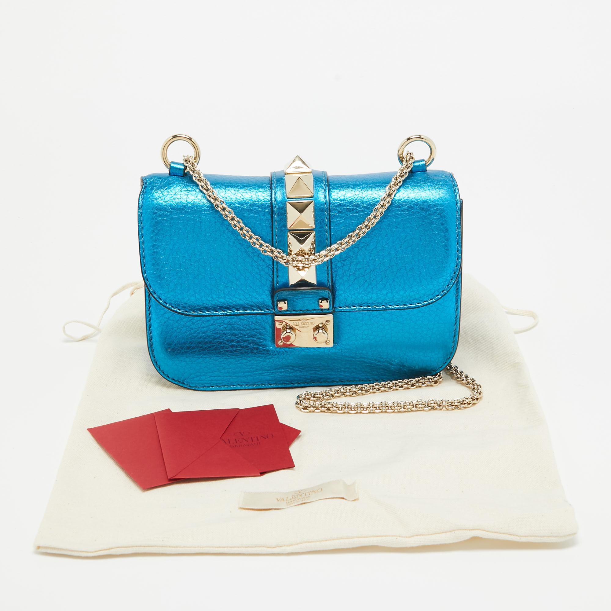 Valentino Metallic Blue Leather Small Rockstud Glam Lock Flap Bag For Sale 9