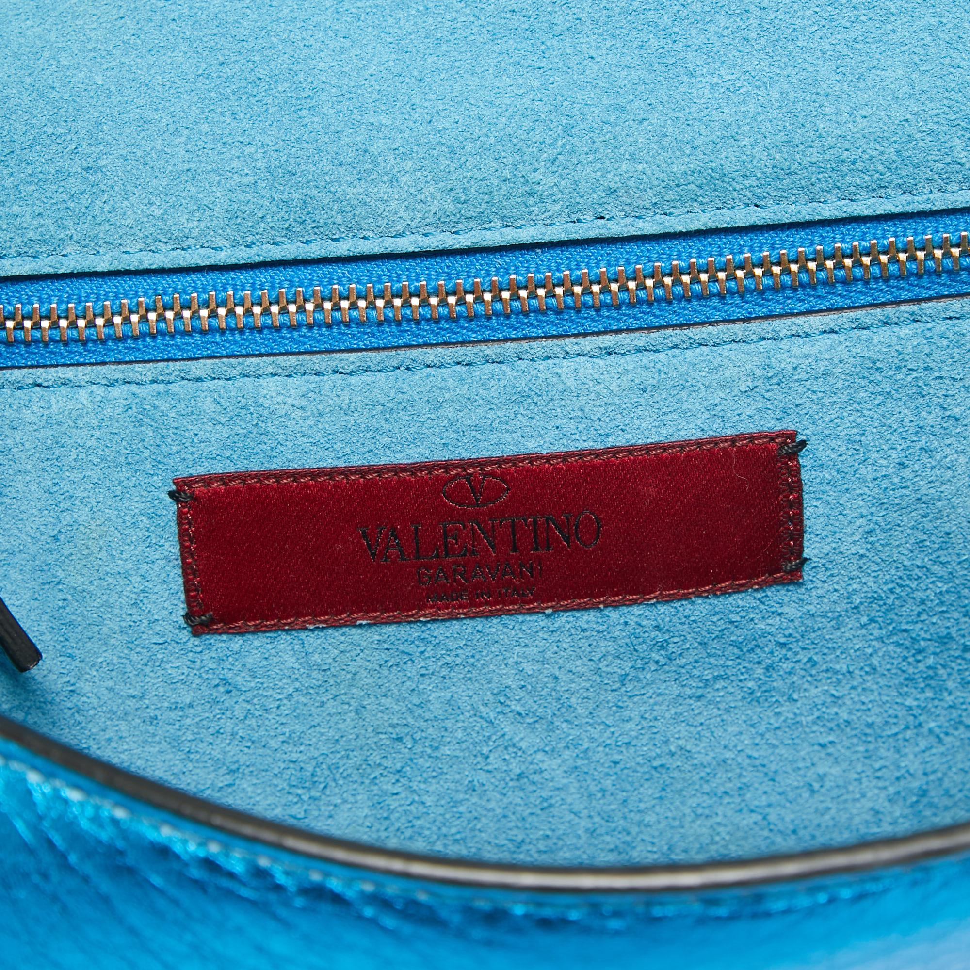 Valentino Metallic Blue Leather Small Rockstud Glam Lock Flap Bag For Sale 2
