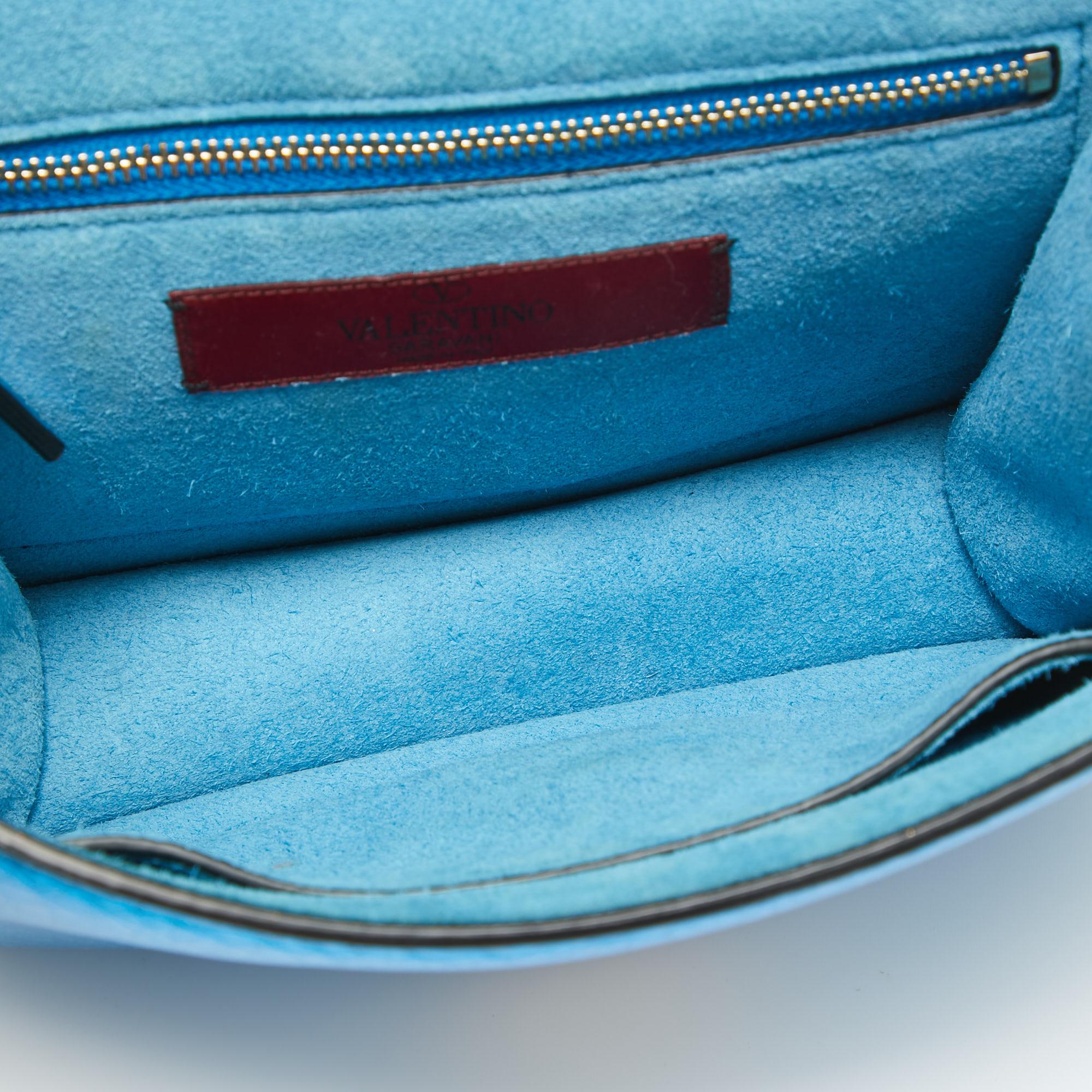 Valentino Metallic Blue Leather Small Rockstud Glam Lock Flap Bag For Sale 5