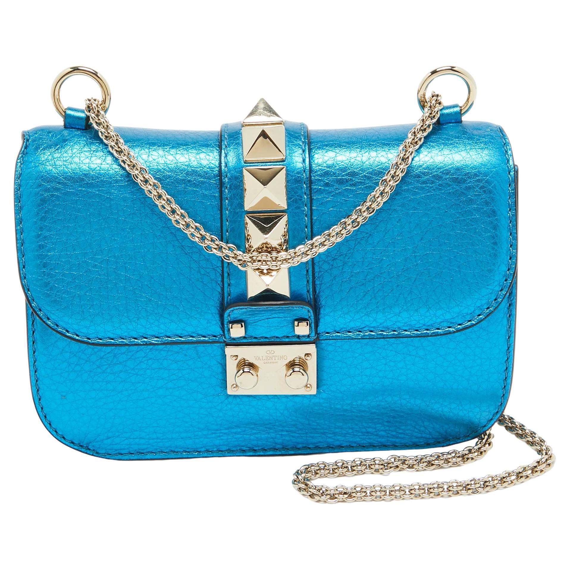Valentino Metallic Blue Leather Small Rockstud Glam Lock Flap Bag For Sale
