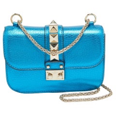 Used Valentino Metallic Blue Leather Small Rockstud Glam Lock Flap Bag