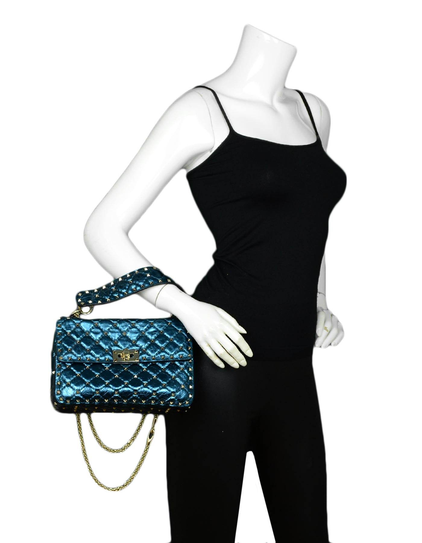 Valentino Metallic Blue Medium Rockstud Spike Flap Crossbody/Shoulder Bag In Excellent Condition In New York, NY