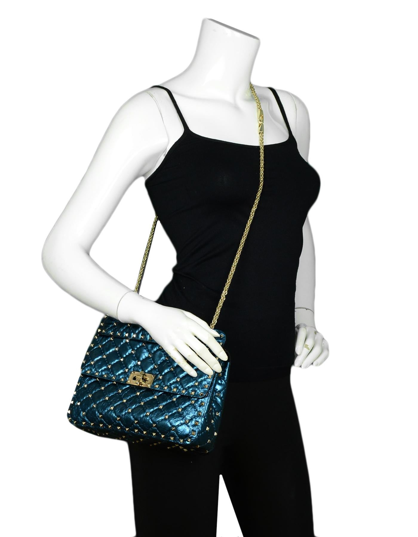 Women's Valentino Metallic Blue Medium Rockstud Spike Flap Crossbody/Shoulder Bag