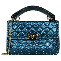Valentino Metallic Blue Medium Rockstud Spike Flap Crossbody/Shoulder Bag