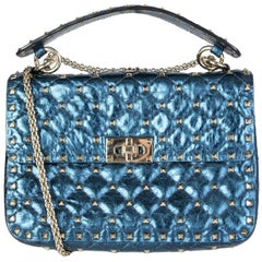 VALENTINO metallic blue quilted leather ROCKSTUD SPIKE MEDIUM Shoulder Bag