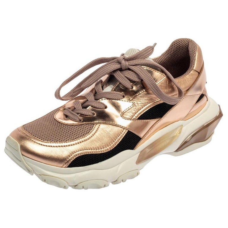 Valentino Metallic Bronze/Black Leather And Bounce Sneakers Size 39 For Sale at 1stDibs