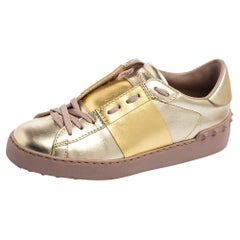 Valentino Metallic Bronze Leather Rockstud Lace Up Sneakers Size 36