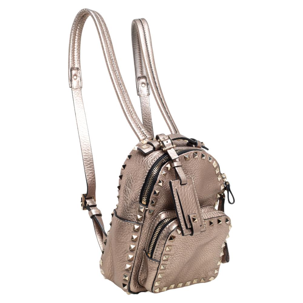 Brown Valentino Metallic Bronze Pebbled Leather Mini Rockstud Backpack