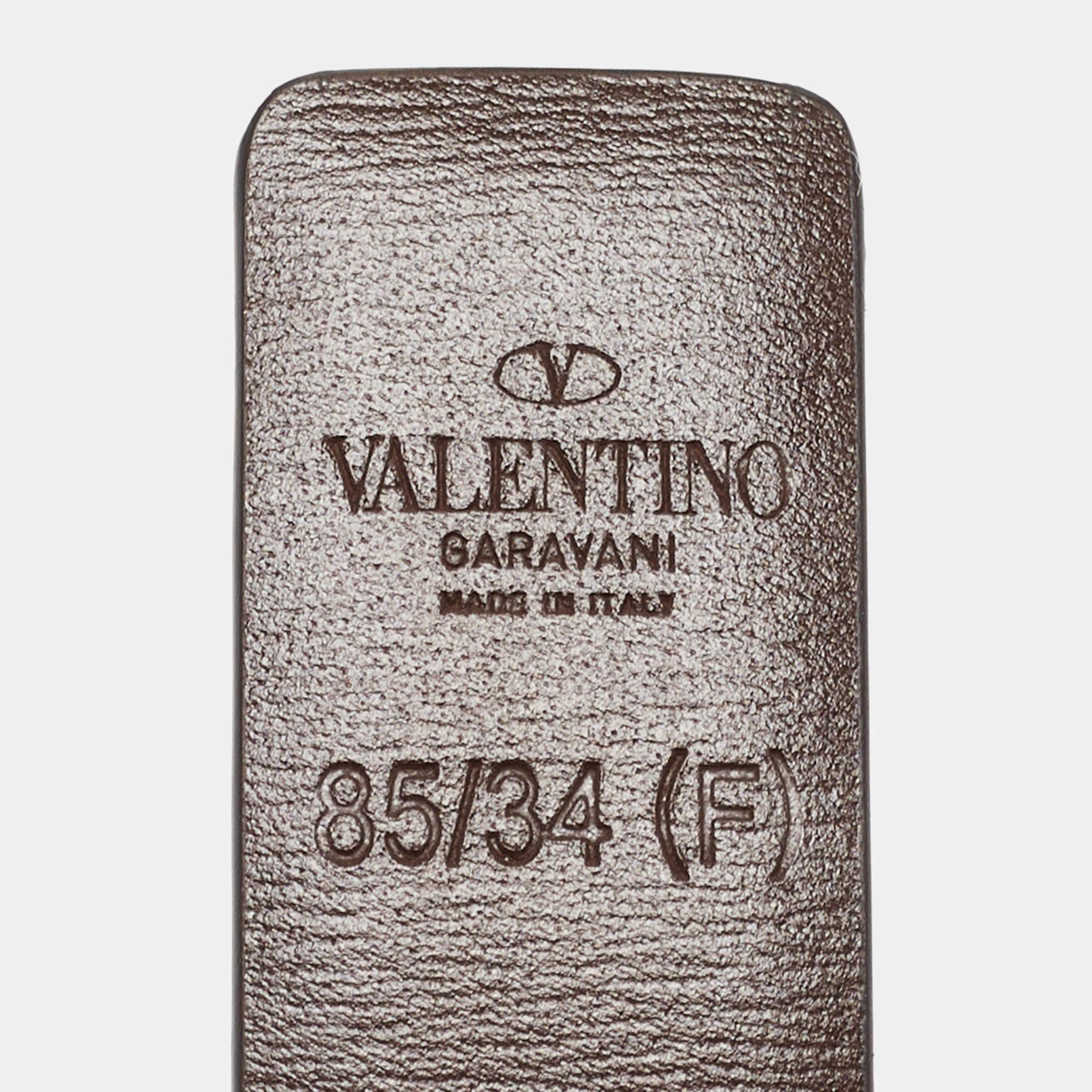 Women's Valentino Metallic/Brown Leather Reversible Narrow V Logo Belt 85CM
